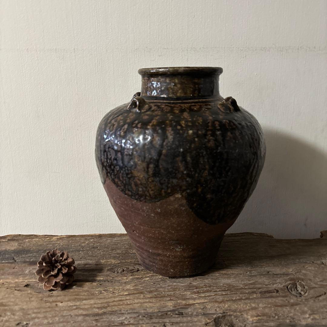 古丹波壷(江戸時代頃) 飴釉葉茶壺　古道具　古備前　古信楽　検:李朝　呂宋壷