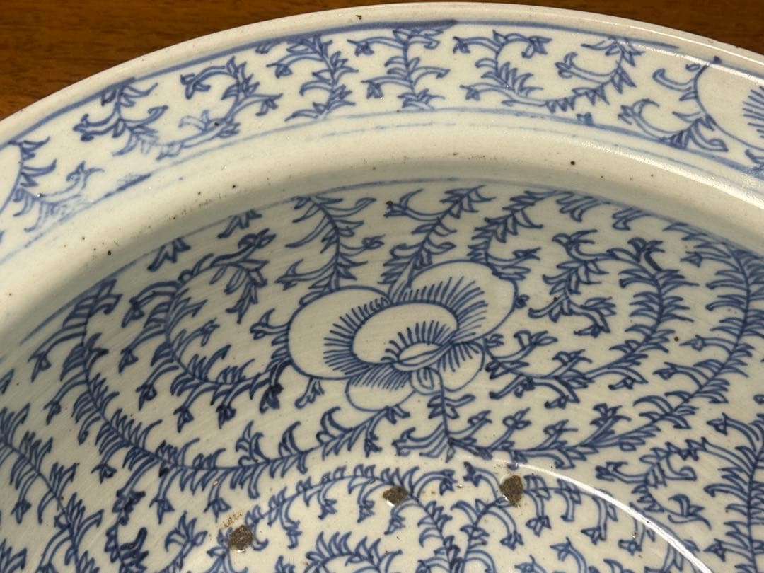 中国　清時代　染付纏枝蓮紋面盆　W36.7cm アンティーク　送料込み1111