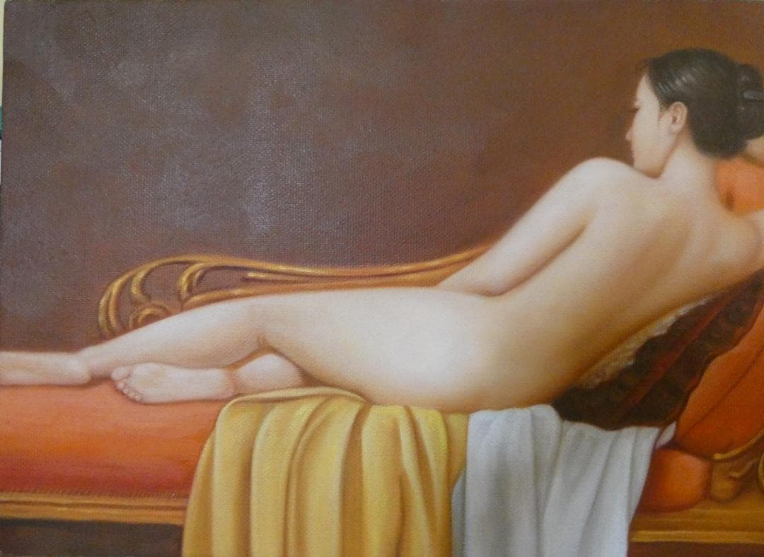 油絵　額付き　森本草介 　M10 【　横卧裸婦　】手描き　肉筆