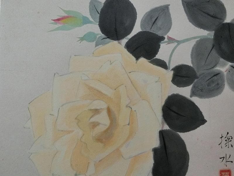 蔵出し品☆真作 門井掬水 色紙 日本画 バラ 木製額縁 C9959402 - 絵画