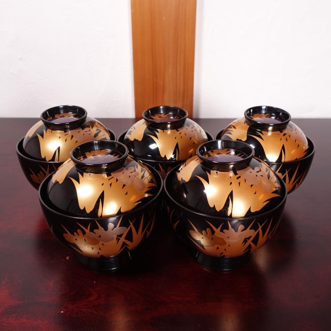 輪島塗 黒塗 扇蒔絵 煮物椀 5客 共箱 天然木製漆器 Amazon.co.