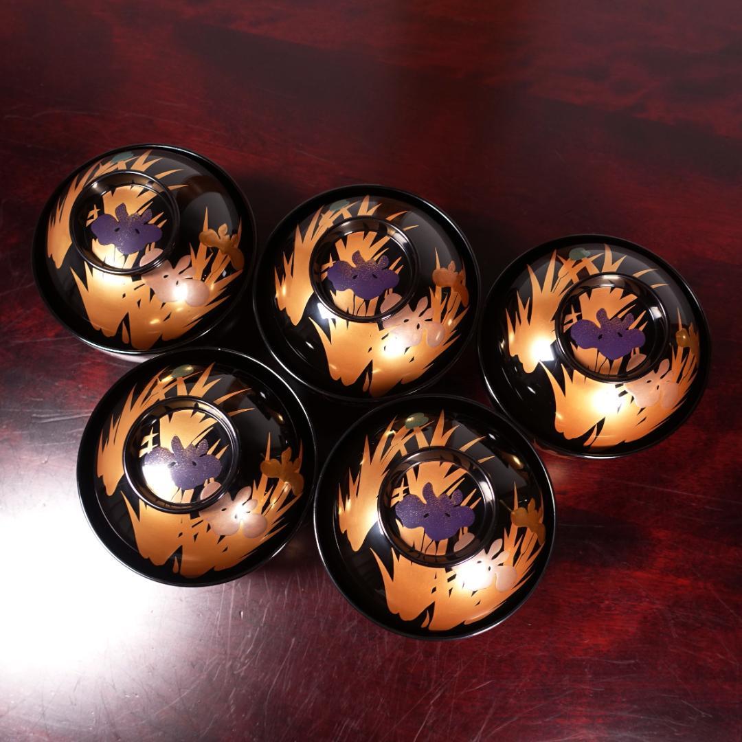 輪島塗 黒塗 あやめ蒔絵 吸物椀 5客 共箱 天然木製漆器