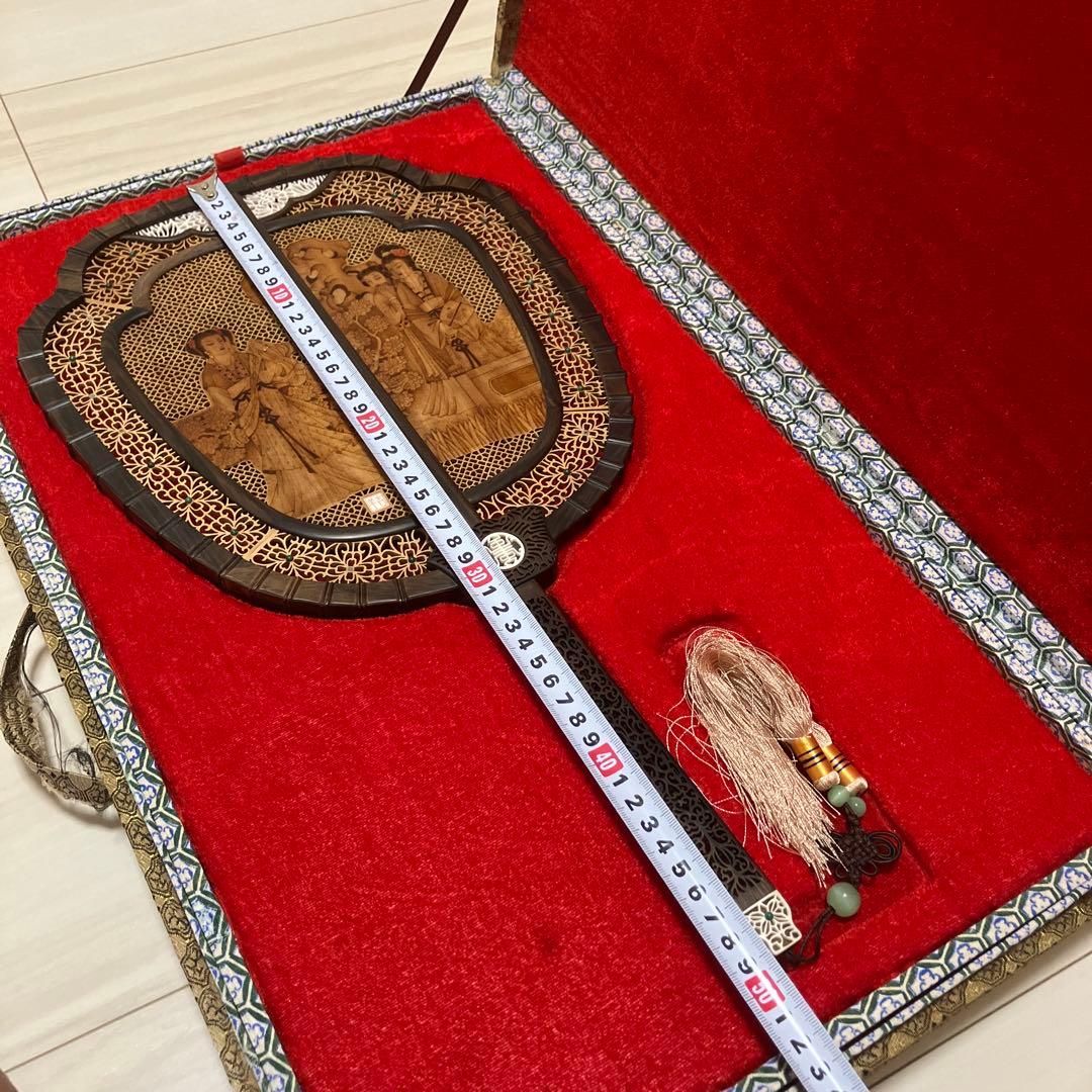 中国美術 唐木造 白檀透彫刻 翡翠 軍配型硯屏 団扇 唐物？