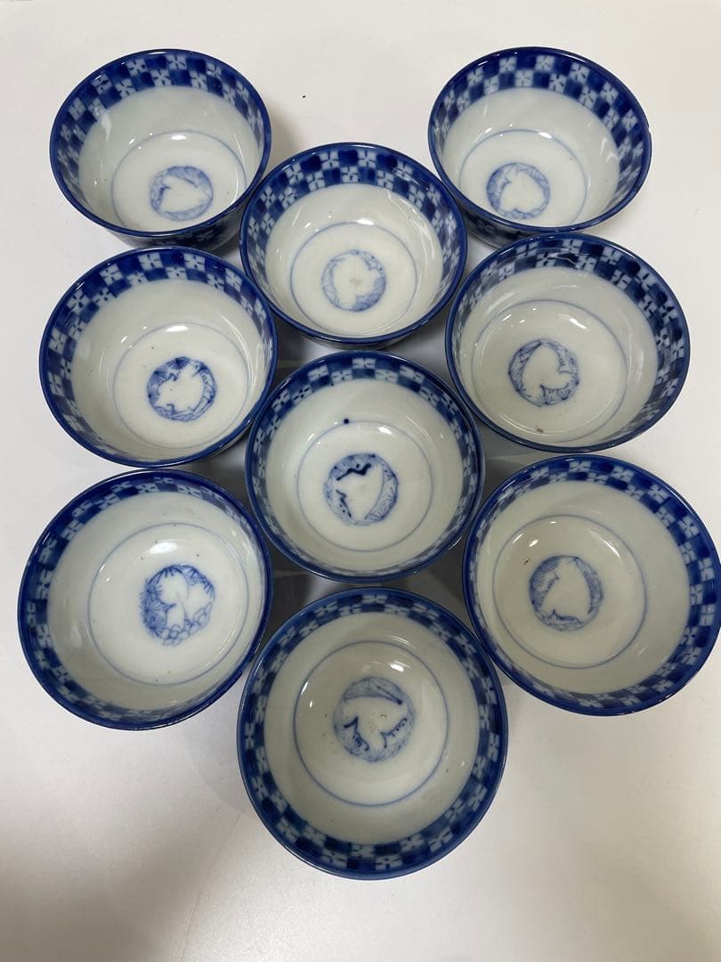 現状品】古伊万里 青 染付 蓋付飯碗9客 レトロ アンティーク