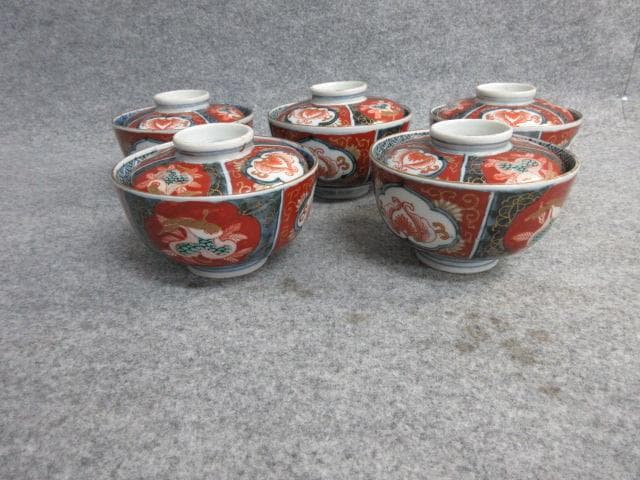 太明年製古伊万里金彩染錦窓絵蓋茶碗5個 [B26482]