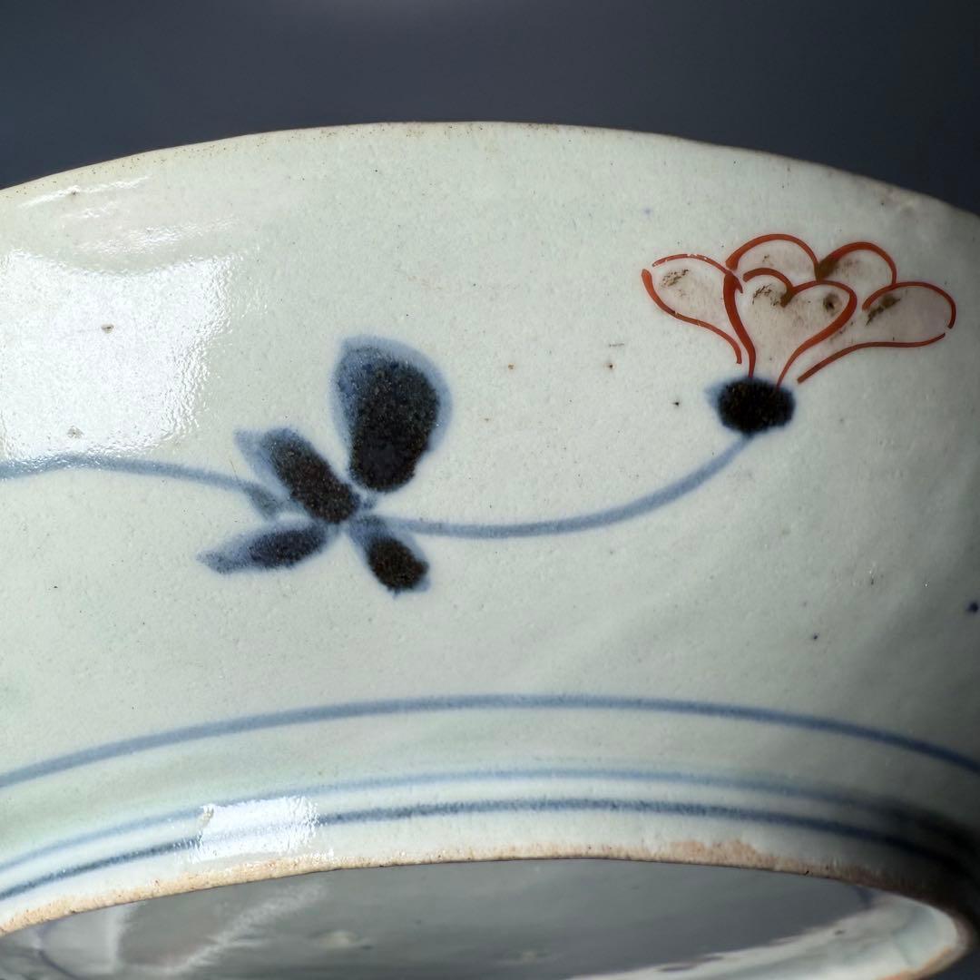 元禄伊万里 色絵花鳥図七寸皿 建築物 金蘭手 赤絵 裏椿文