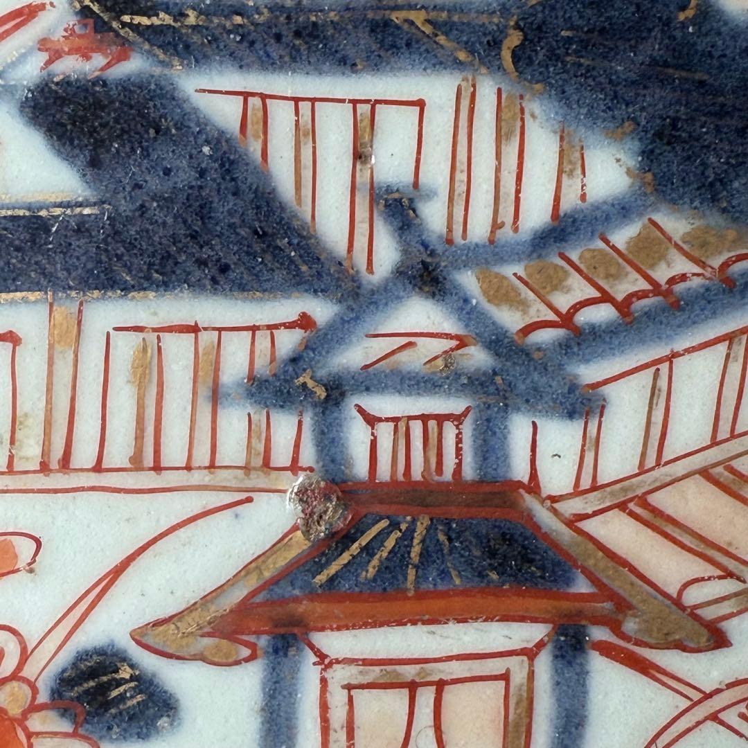 元禄伊万里 色絵花鳥図七寸皿 建築物 金蘭手 赤絵 裏椿文 状態◎ 蒐集