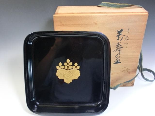 盆■万寿盆 桐紋 漆器 黒塗り 広蓋 祝儀盆 萬寿盆 共箱 骨董品 古道具■