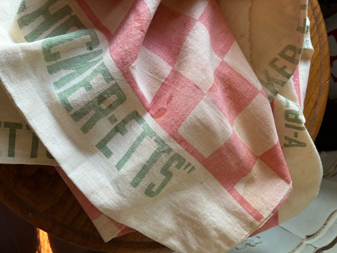 アンティーク 美しい 大きな コットン リネン 袋 市松模様 チェック