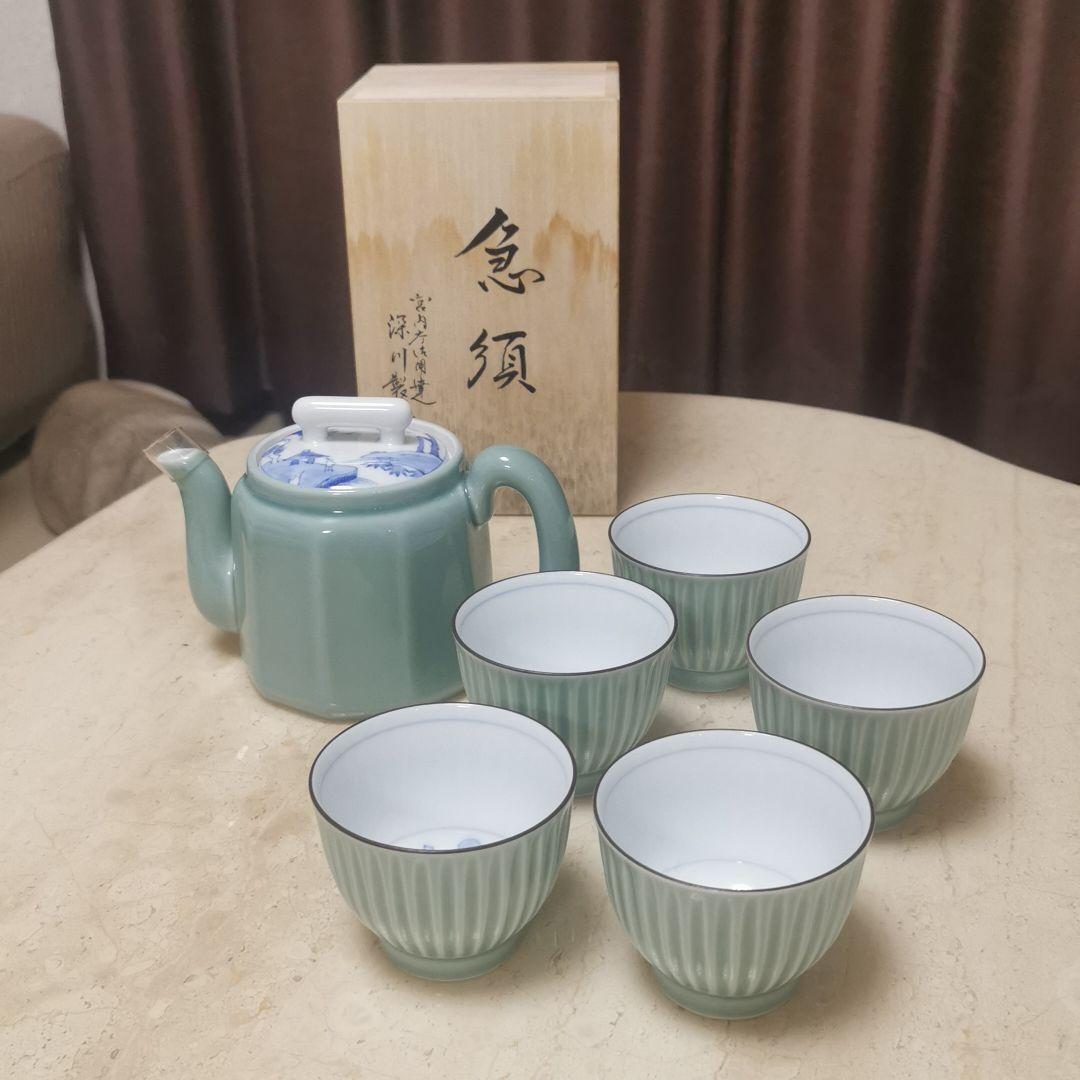 深川製磁 笹青染付山水 面取急須 笹青磁見込山水 しのぎ