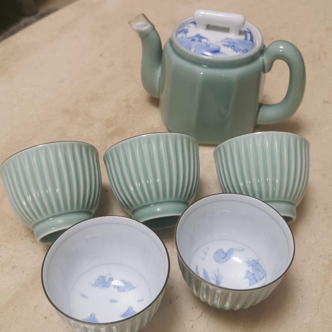 深川製磁 笹青染付山水 面取急須 笹青磁見込山水 しのぎ