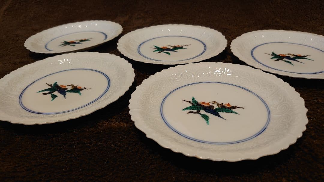 古九谷 九谷焼 輪華皿 陽刻 花の図 蔵出し 5客 九谷焼作家 山本