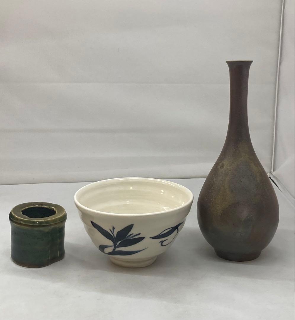 B143 備前花入・砥部白水茶碗・織部蓋置 茶道具3点セット 各共箱