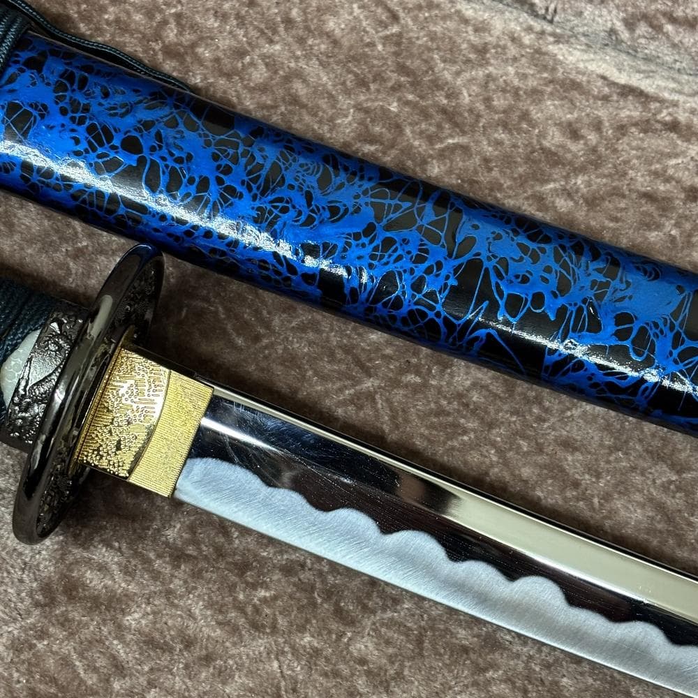 【重厚／美麗】模造刀 大刀 木製鞘 漆黒×流転青 観賞用 コスプレ 撮影用