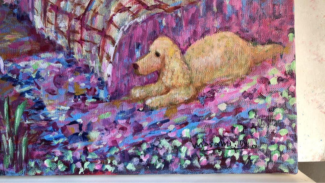 「猫とインコとイングリッシュコッカーのいる寝室」 アクリル画 原画 F8