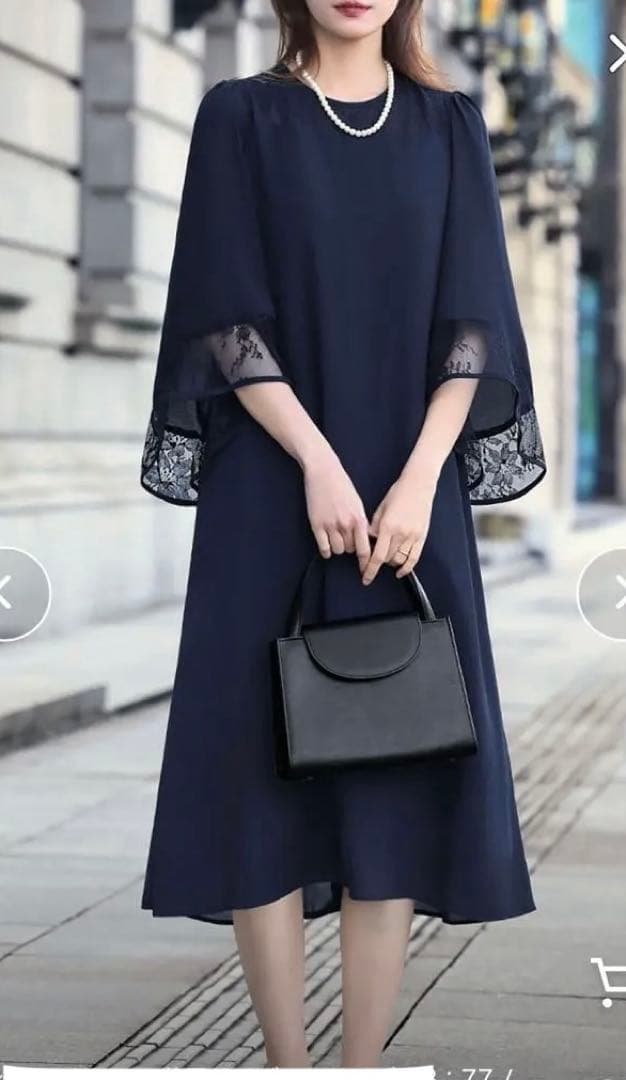 Floliaレース切り替えフレアスリーブＩラインワンピースネイビー