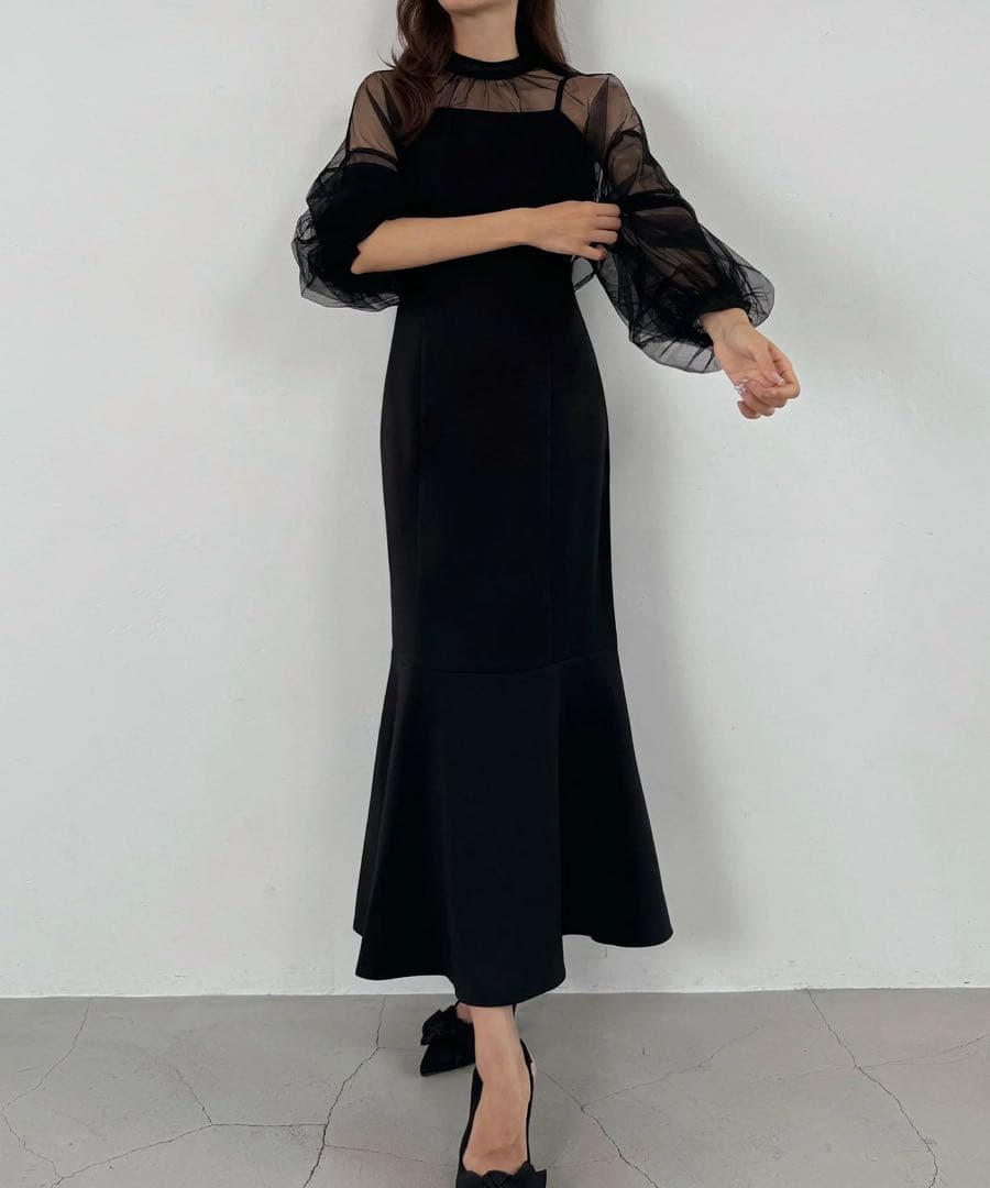 ブラック パーティードレス シースルー袖