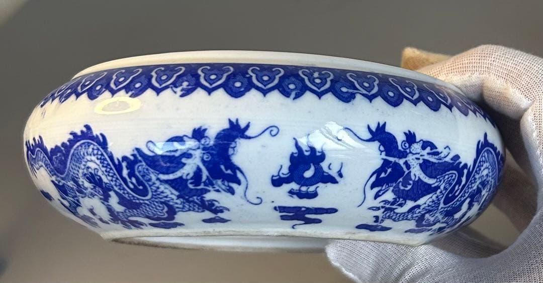 大清乾隆青花龍紋皿 筆洗書道旧家蔵出し、骨董品、縁起物、お守り、古