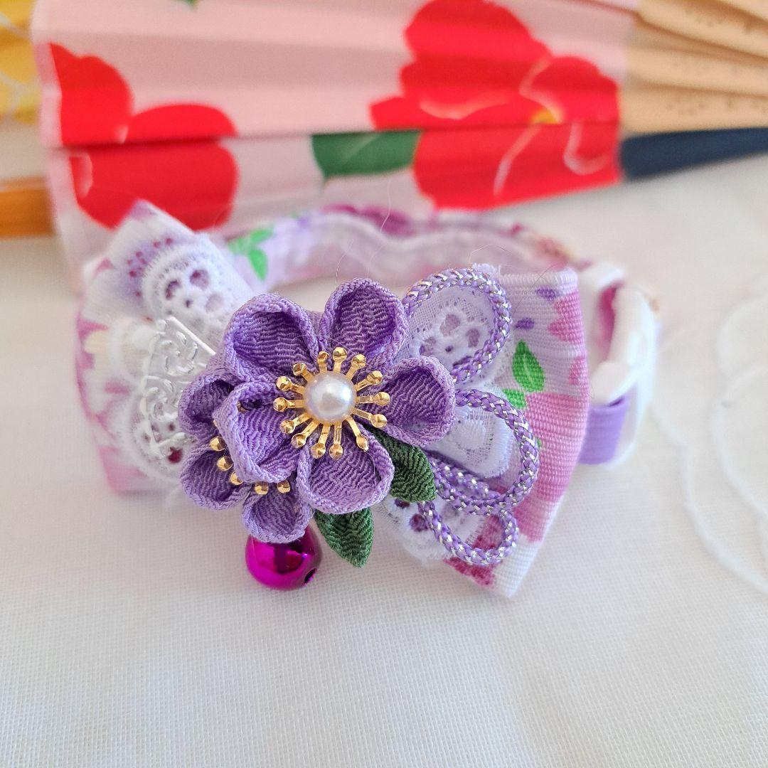 お正月、つまみ細工シングルリボン(紫③)わんちゃん猫ちゃん用首輪