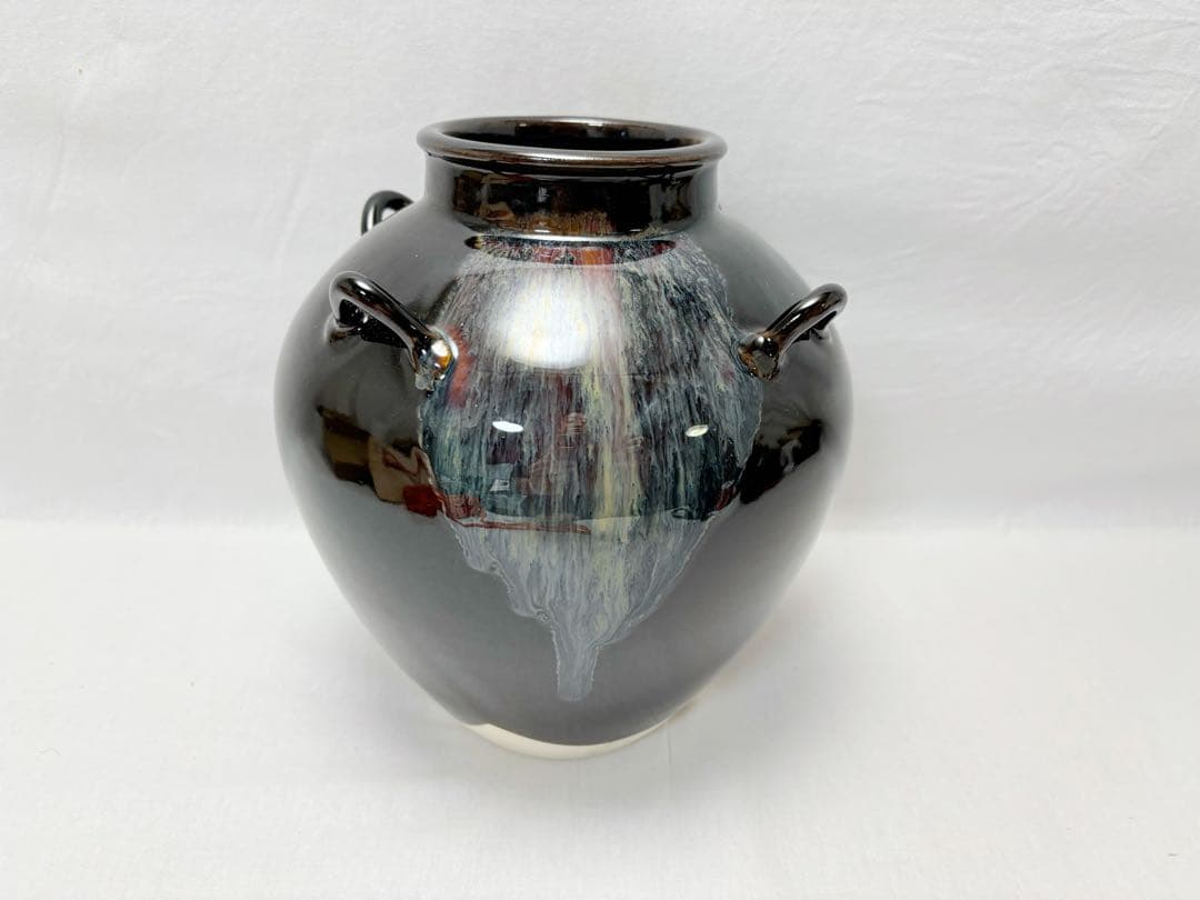 ほぼ未使用 茶道具 草山造 天目釉 飾壺 茶壺 陶印 飾網紐付 口切茶事 共箱