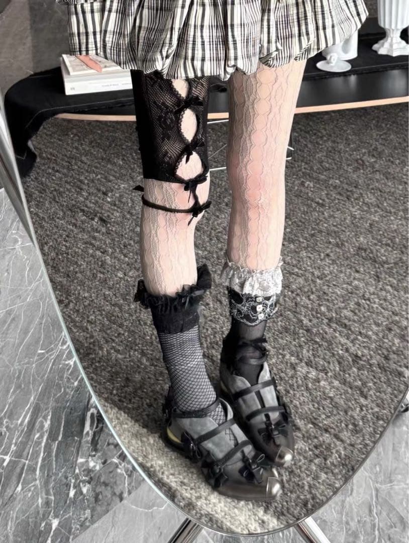 Nodress 2024ss ブラック リボン レース ストッキング　五分丈