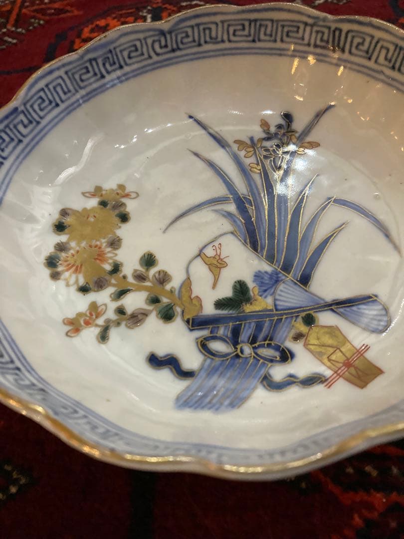 古伊万里染付金彩花文様皿 2枚セット｜古伊万里染付