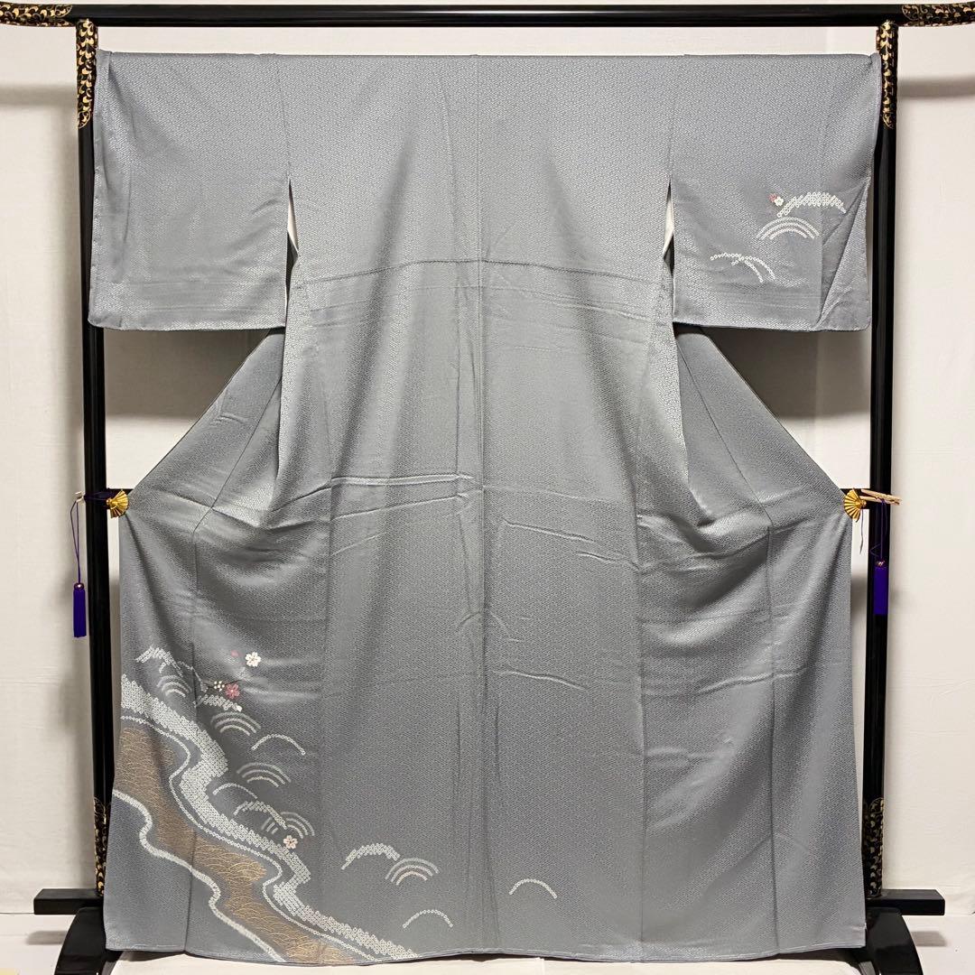 D182 訪問着 絞り 桜刺繍 流水 正絹 着物 袷 しつけ糸付き未使用極美品