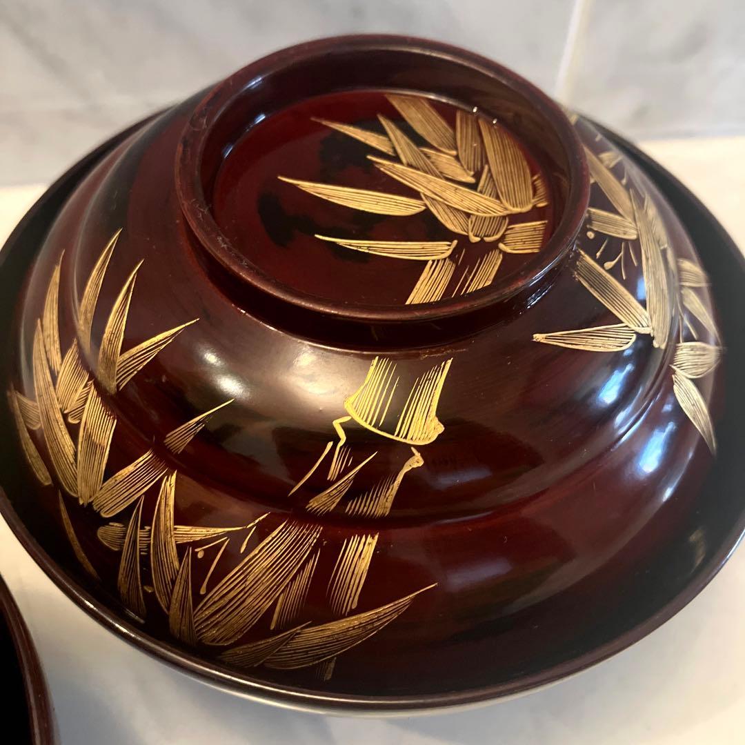 アンティーク大正時代 金彩のスズメや上品な竹が美し過ぎる木製輪島