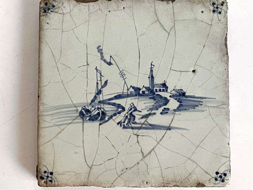骨董 アンティーク デルフトタイル 染付 人物文 港 船 17世紀 オランダ