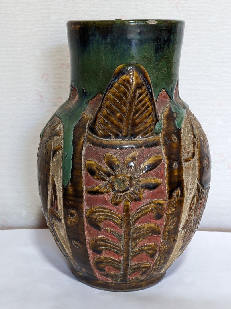 ♢琉球 飴釉掻落し 魚紋文様 双耳壺 瓶 沖縄花瓶 珍物珍品 古美術品