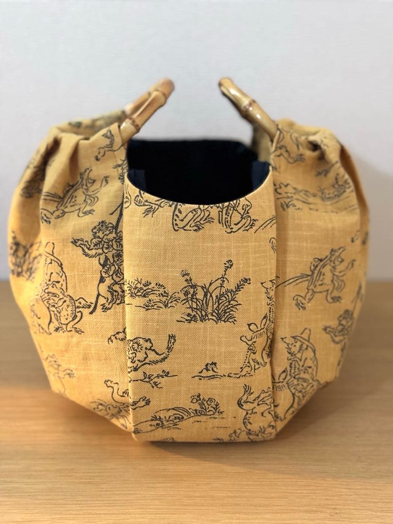 和装バック　着物バック和柄コットン生地・鳥獣戯画（からし色）入学卒業結婚式振袖