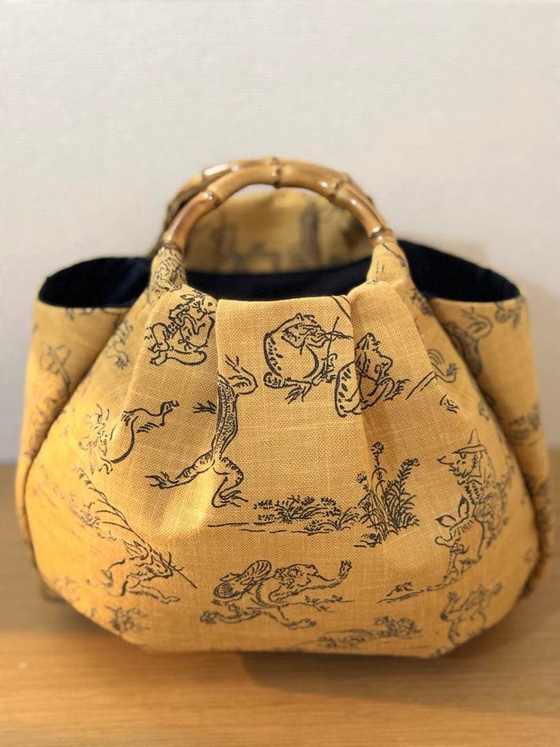 和装バック　着物バック和柄コットン生地・鳥獣戯画（からし色）入学卒業結婚式振袖