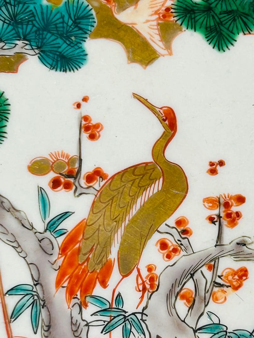 古伊万里 色絵 金襴手 松竹梅 鶴 輪花 七寸皿 5枚 21.5㎝ 窓絵 帆舟の
