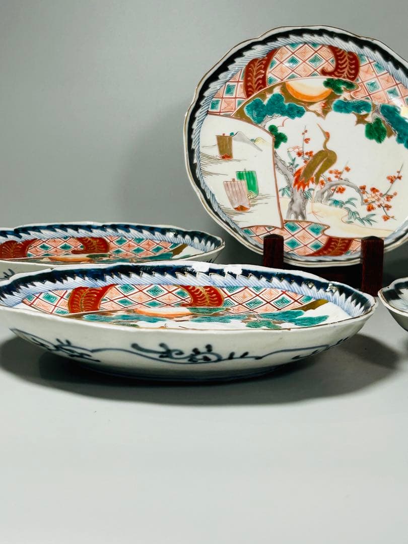 古伊万里色絵金襴手松竹梅鶴輪花七寸皿5枚21.5㎝窓絵帆舟