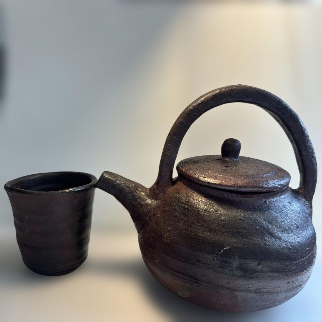 【故島武巳】南蛮焼.穴窯.希少品.焼締め按瓶と湯呑みのセット