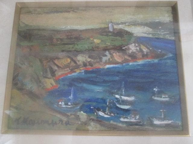 ■梶村邦義作　油彩　Ｆ６号　伊豆風景　　ガラス付木製額装　サイン入り■