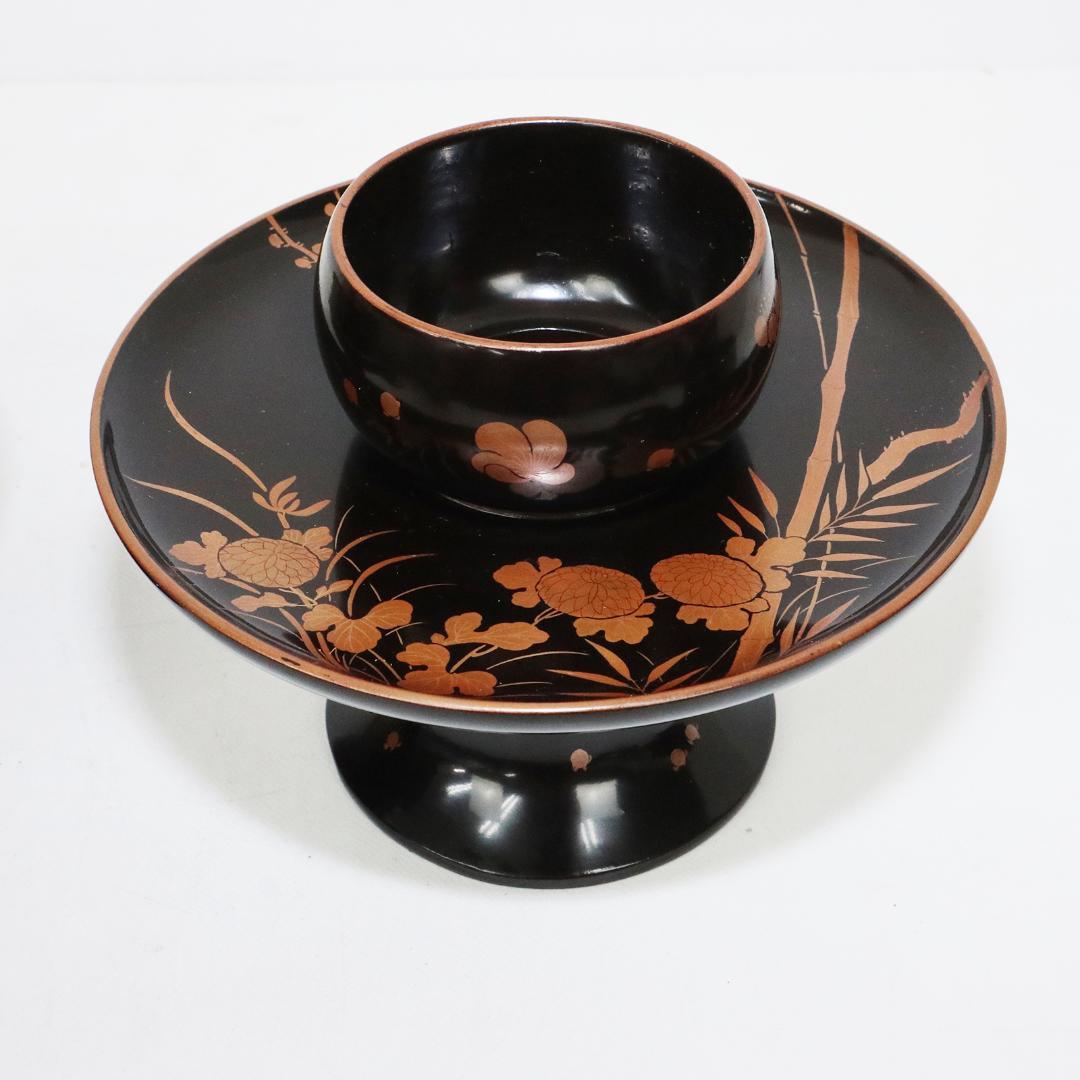 四君子蒔絵 黒腰高茶台 漆 一対　共箱 天目台 黒塗