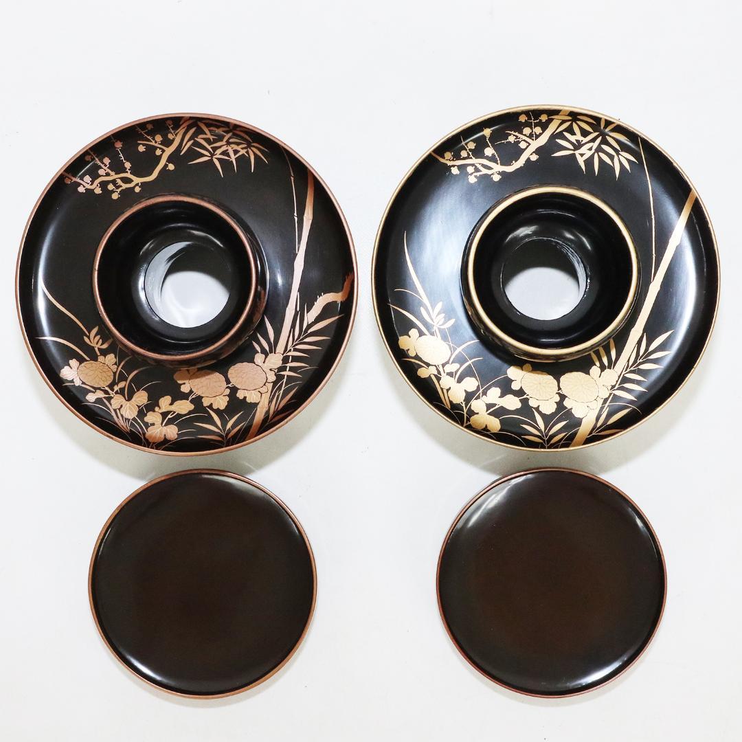 四君子蒔絵 黒腰高茶台 漆 一対　共箱 天目台 黒塗