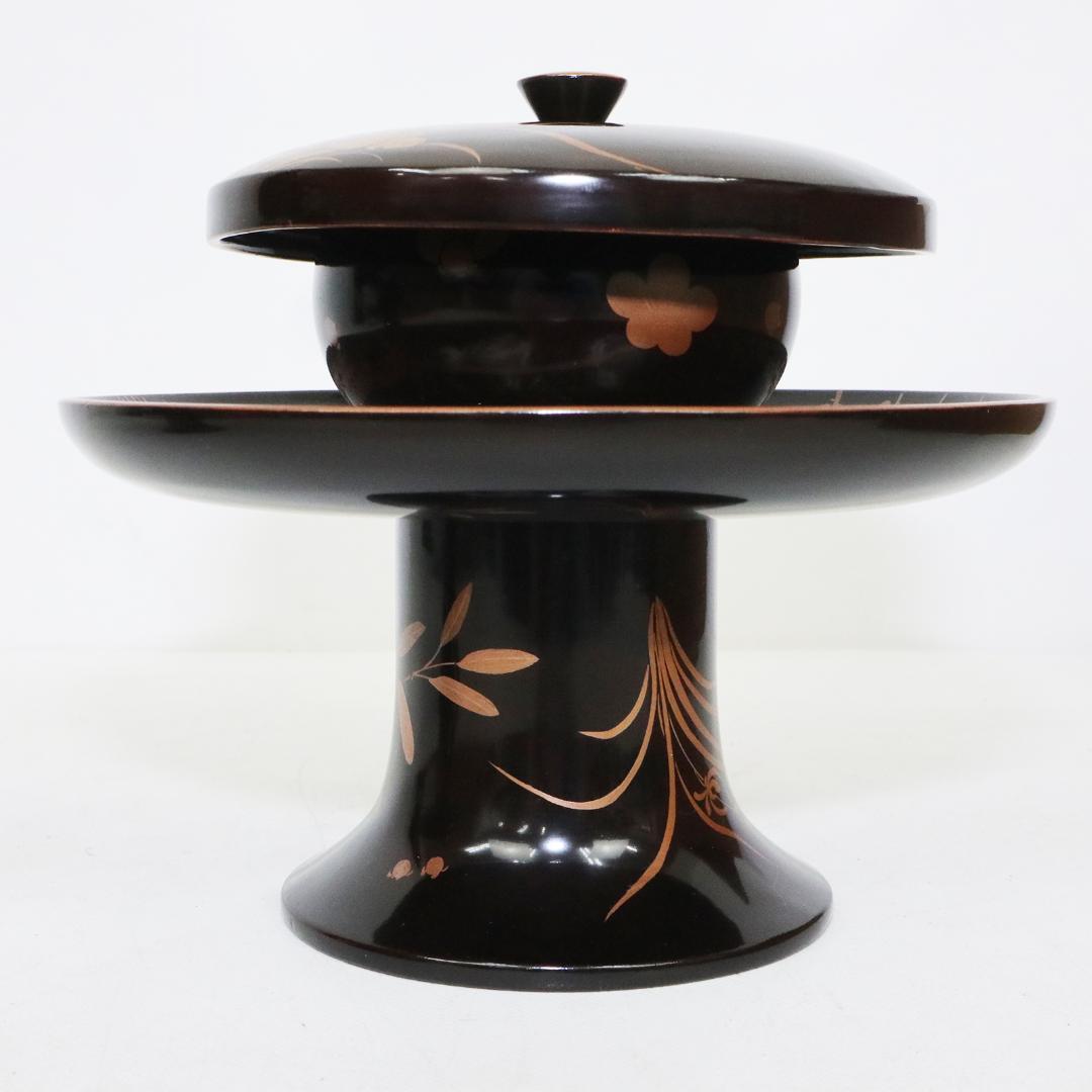 四君子蒔絵 黒腰高茶台 漆 一対　共箱 天目台 黒塗