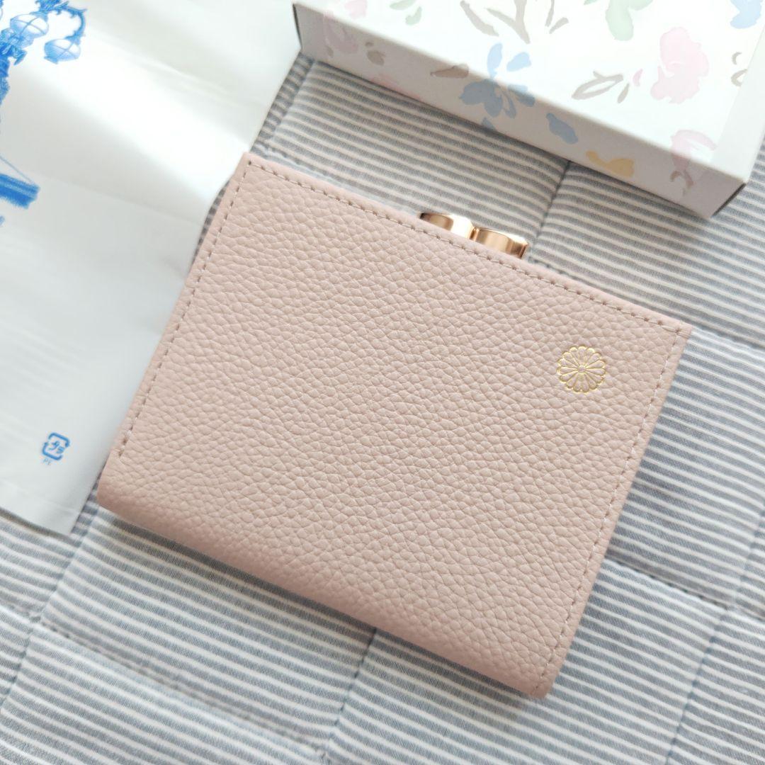 X: ファッション 皇居 ピンクベージュ 二つ折り財布 本革 がま口