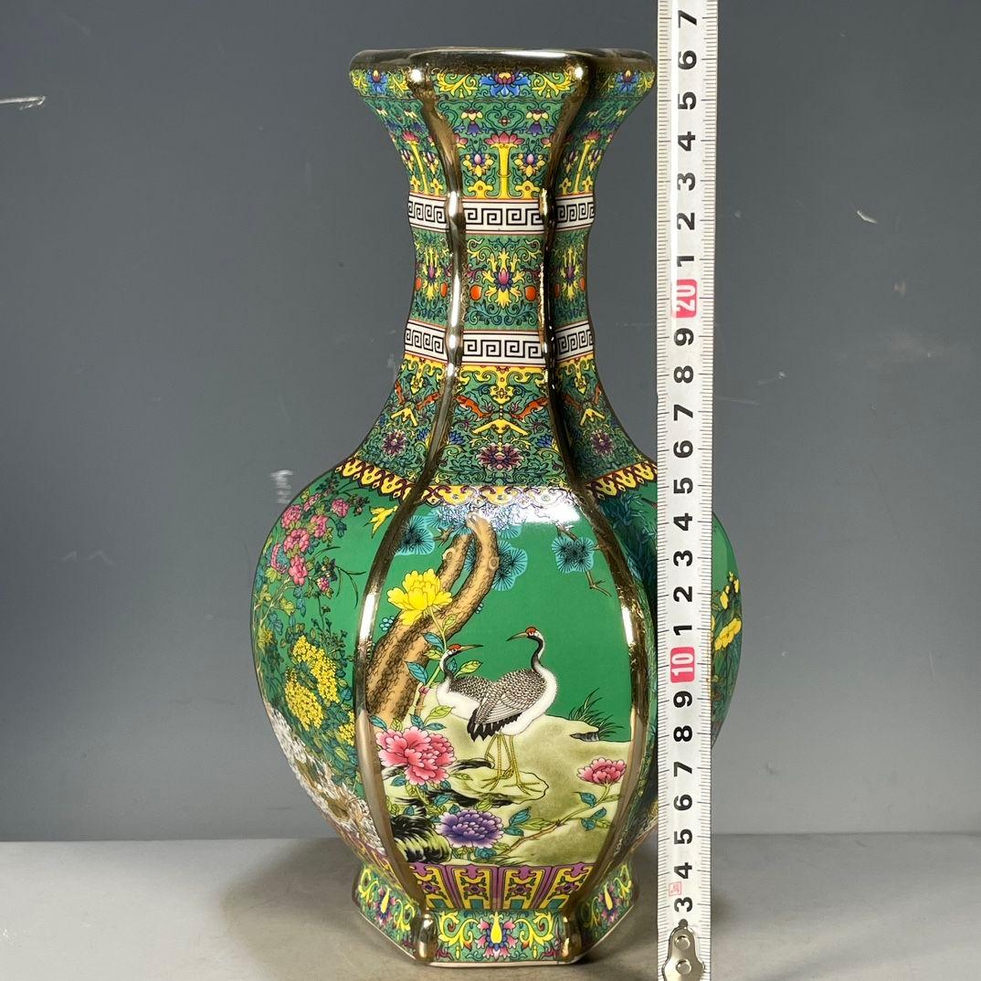 琺瑯彩花鳥紋六稜賞瓶 景徳鎮 陶磁器 装飾品 現代工芸品 美術品 置物