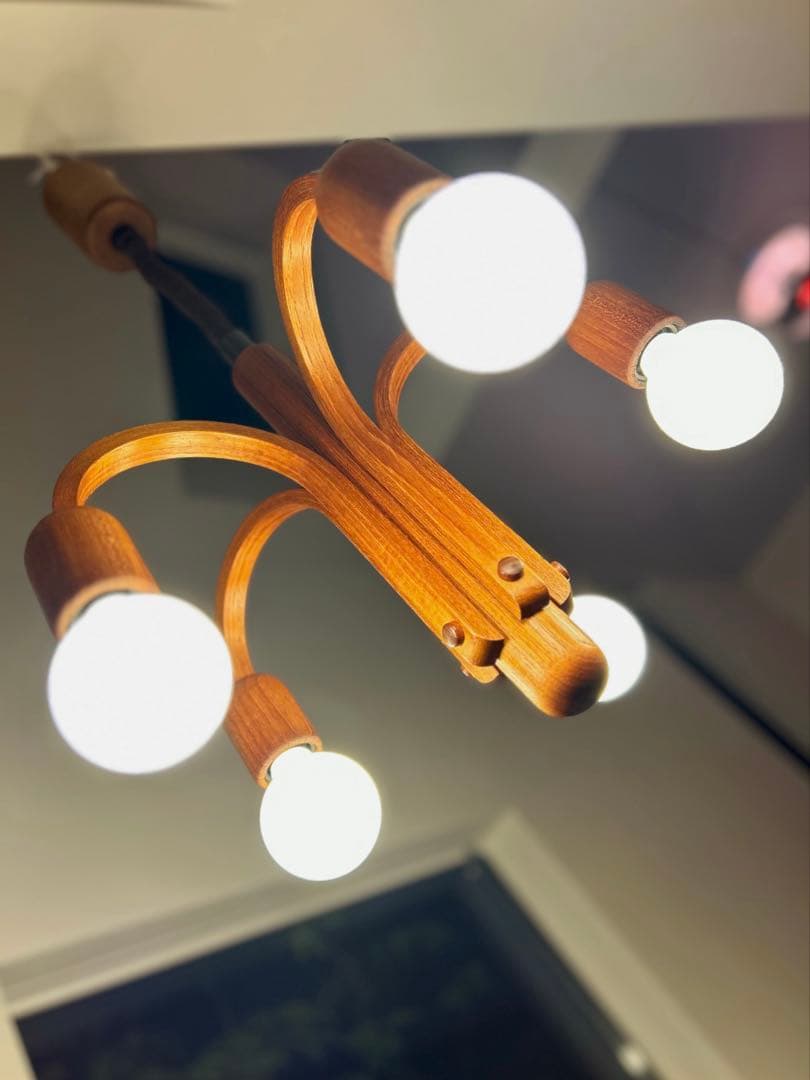 独1970年代 DOMUS チーク無垢材 ヴィンテージ・5灯シャンデリア 美品