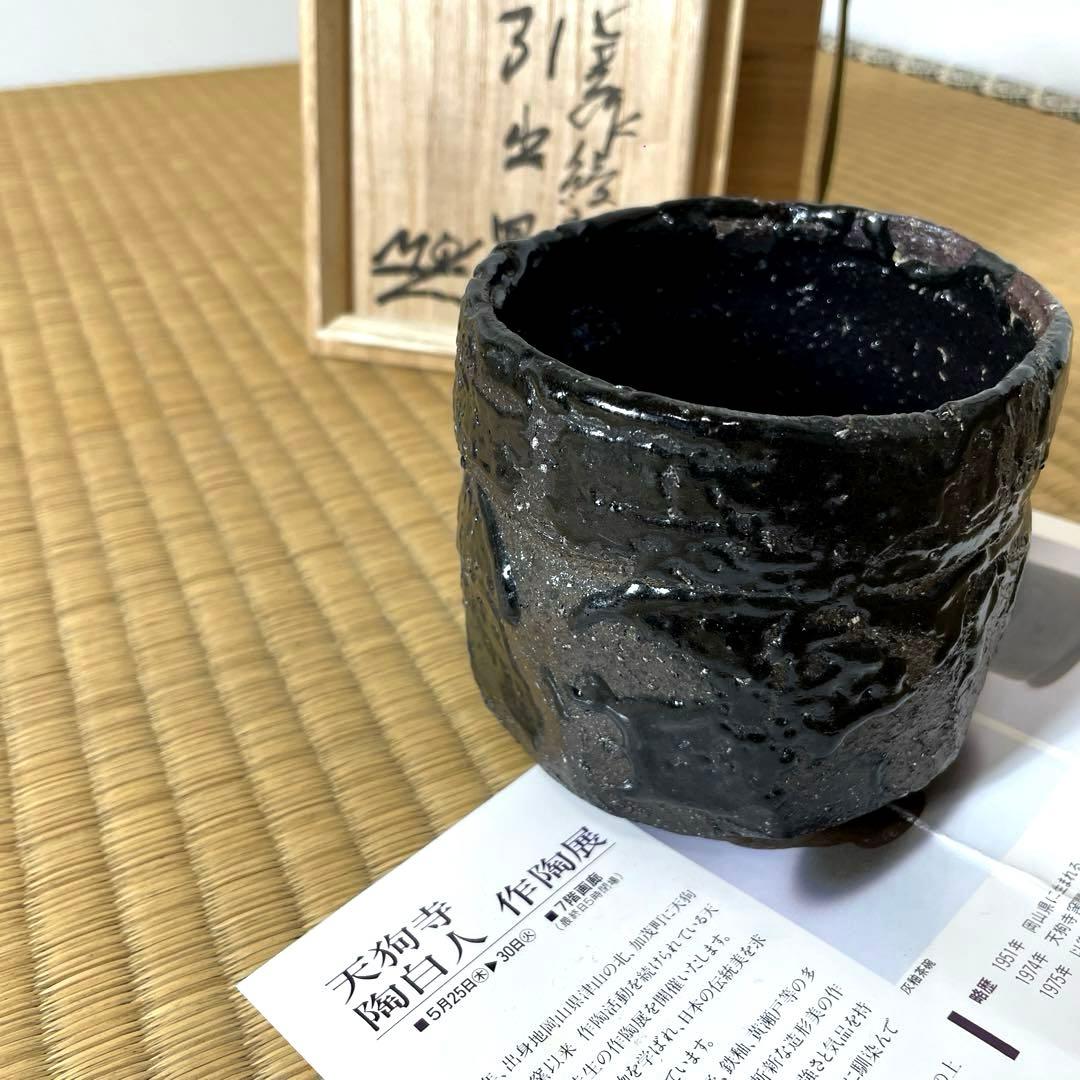XG531 陶芸家・天狗寺陶白人 ・引出黒茶碗・銘『玄苔』・共箱・茶碗・