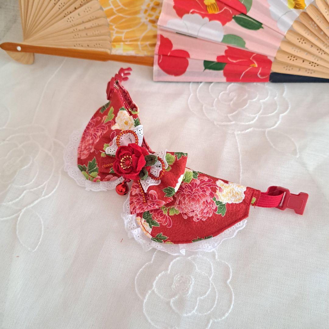 短毛シュシュ(赤②)つまみ細工付き、わんちゃん猫ちゃん用