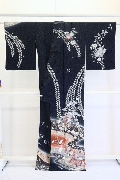 美品 訪問着 辻が花 墨黒 たたき地 袷 身丈166.0cm トールサイズ 正絹