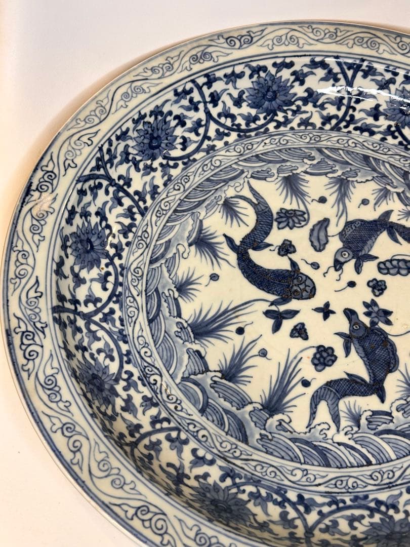 大明宣徳年製 底款 大皿 染付 花卉文 魚文 古董品