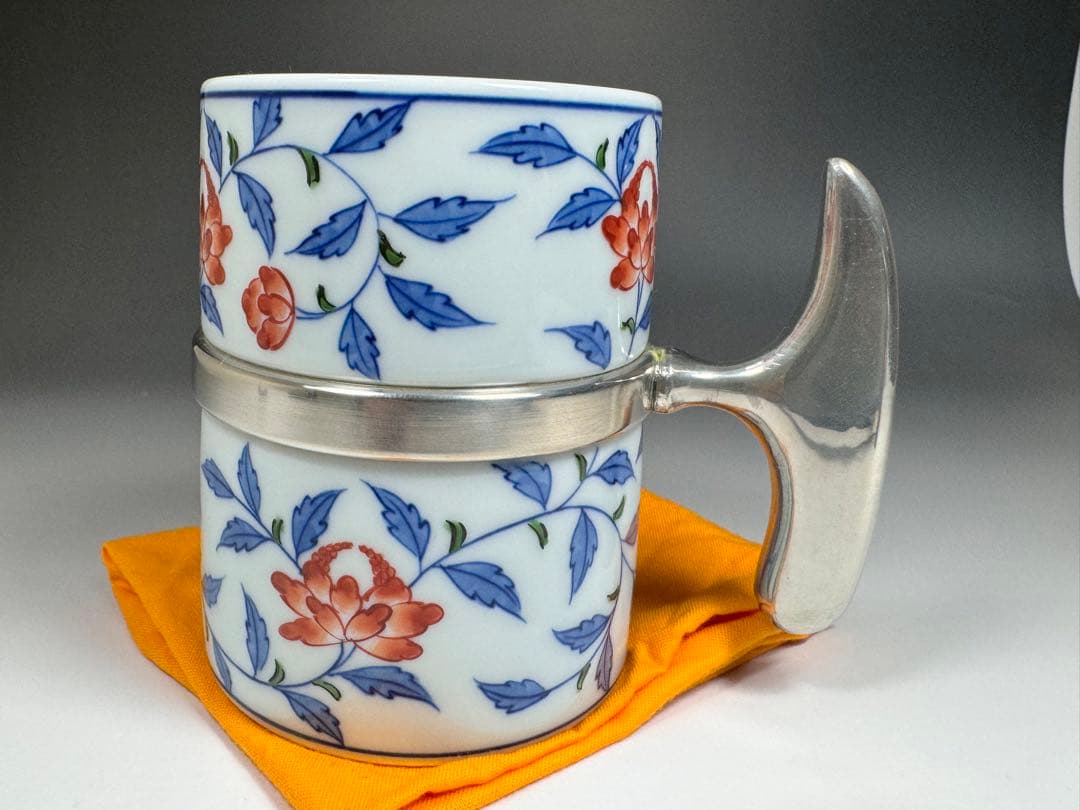 源右衛門窯 染錦花唐草 麦酒杯 共箱 黄布 源右衛門 是米木