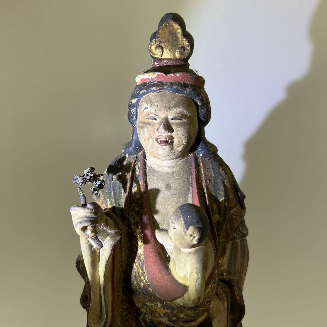 専用桃山~江戸初期木彫鬼子母神玉眼仏像高さ約49㎝ 東Y8-0203☆2F