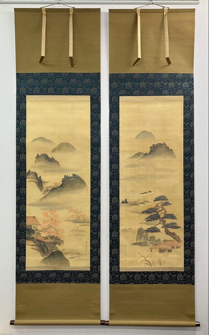 伊川院／狩野栄信 絹本 双幅 掛軸 美術品・アンティーク・コレクション