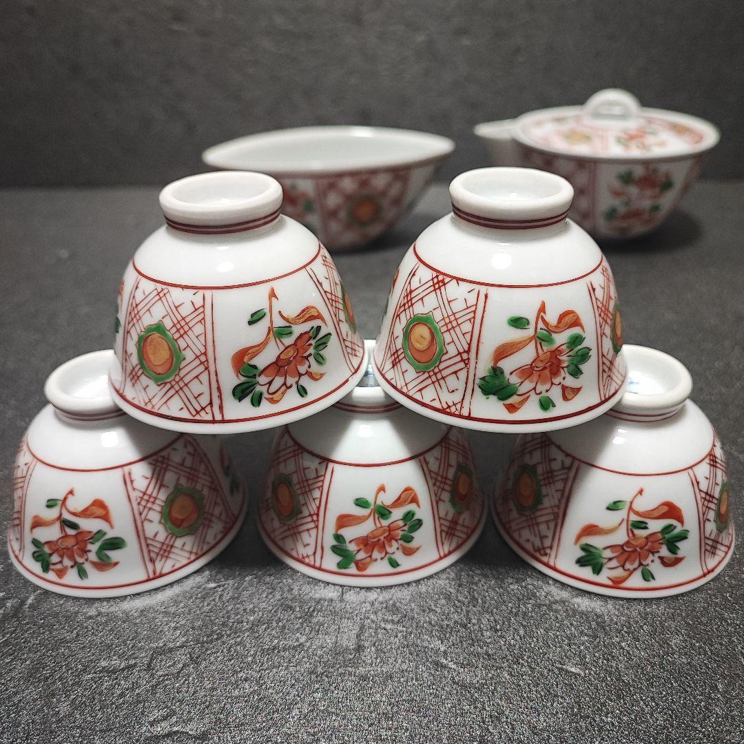 煎茶道具 有田 宝瓶 玉露 小茶器7点セット グリーン玉赤絵 金彩 仙